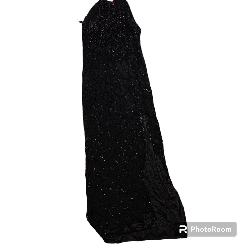Vtg 90s Adrianna Papell Evening Beaded Gown Black High Neck Slit 100% Silk 6